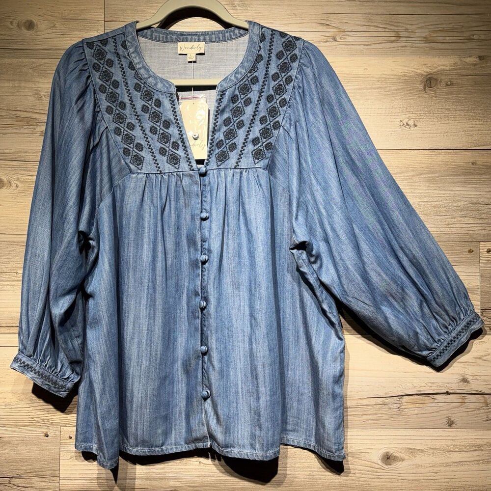 Chambray Blouse Peasant Top Size Large Embroidered Button-Up Cottage Country